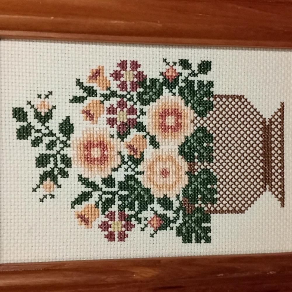4 piece set of FRAMED vintage1988  embroidered floral, framed home decor (933)